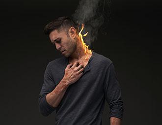 A man with simulated atopic dermatitis scratches at diffuse lesions on his neck while gazing downward