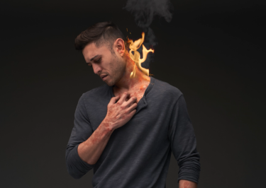 A man with simulated atopic dermatitis scratches at diffuse lesions on his neck while gazing downward; flames in motion symbolically represent the burden of his disease